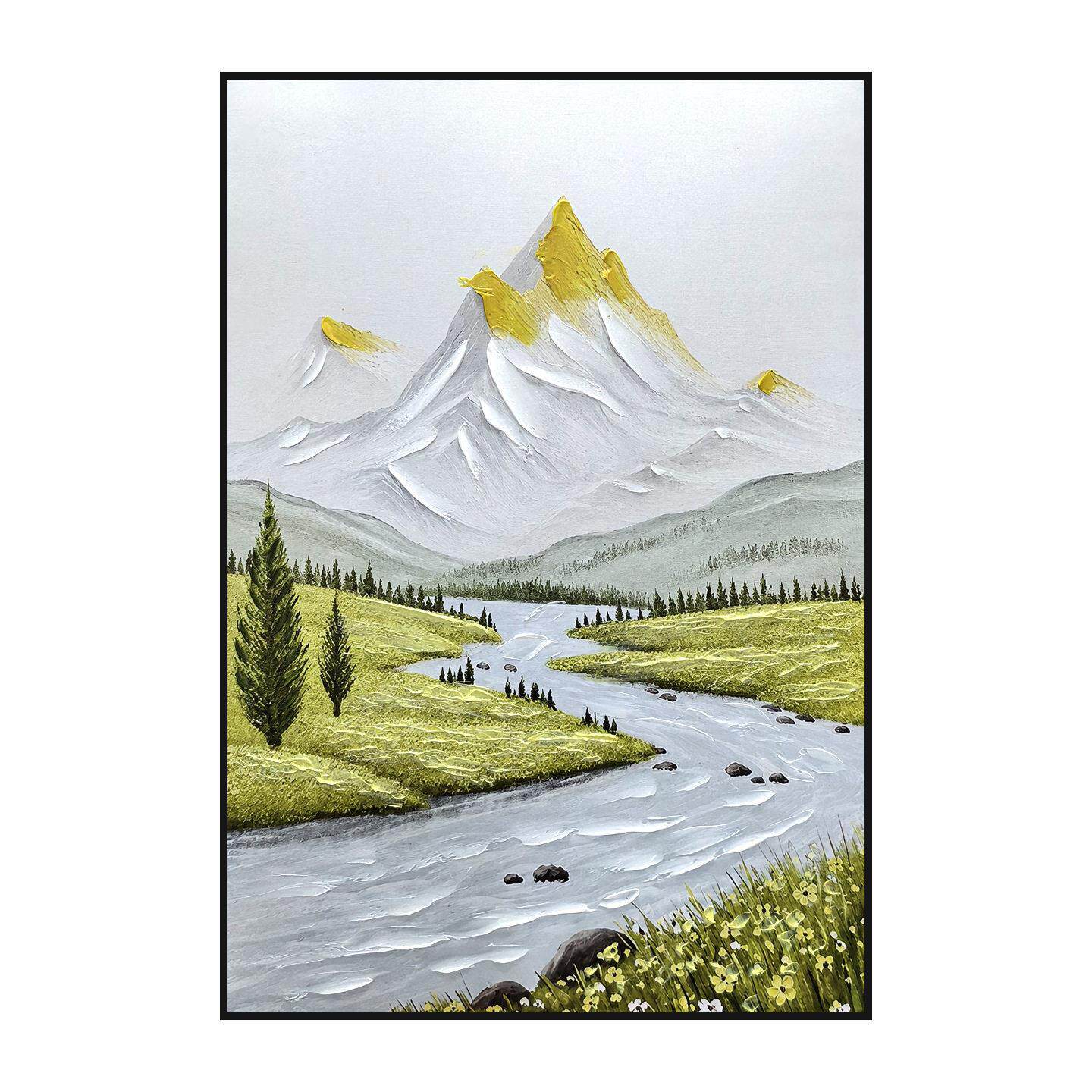 新中式立体肌理金山河流油画竖版玄关入户招财风景手绘装饰画挂画