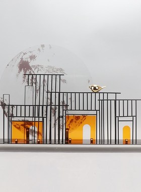 速发新中式建筑屏风摆设透明亚克力摆件酒店玄厅客关金属房子软装