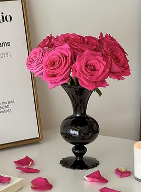 速发高饰小花瓶摆件客厅插花玻璃装级黑感色法式餐桌复古水培干花