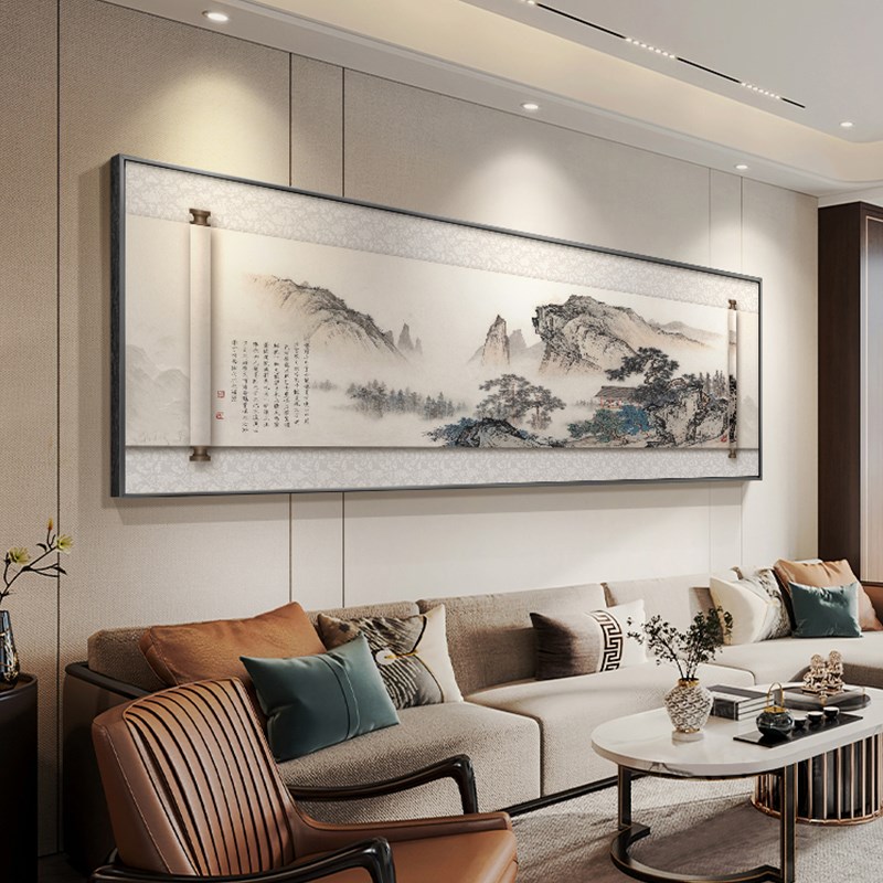 速发招财山水画新中式壁厅大白墙装饰画大气沙画背景墙挂发办公室图片
