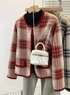 速发大码装2冬25新款外0红色格纹秋套宽松水貂绒上衣