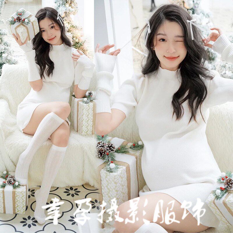 速发影题孕妇服装圣诞节主楼白色连衣裙新款大肚孕妈咪拍照摄影服