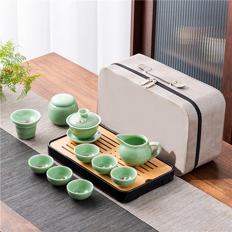 青瓷功夫茶具套装旅行家用车载办公泡茶器茶托盘盖碗茶壶简约收纳