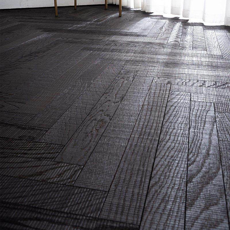 纯黑色全桦多层实木人字拼地板橡木锯齿纹中古风ENF环保地暖15mm