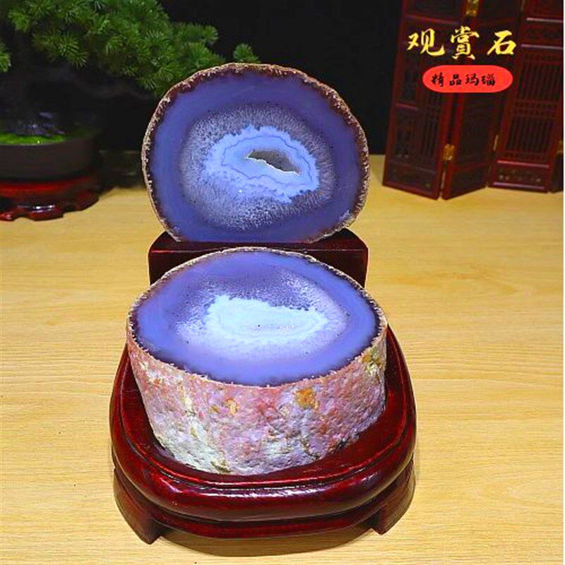 收藏级天然玛瑙聚宝盆紫水晶洞蓝白水晶簇原石摆件收藏家居奇石头