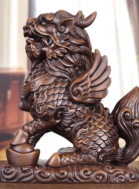 实木雕刻麒麟摆件公母一对新中式手工艺品玄关柜客厅招财旺宅摆设