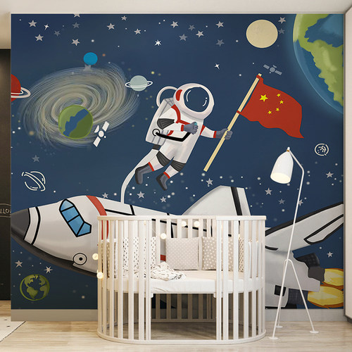 太空宇航员墙布卡通儿童房壁纸男孩卧室背景墙环保壁画幼儿园壁布