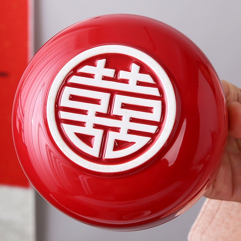 中式结婚喜碗筷勺一对陶瓷婚礼红色甜汤圆碗餐具套装女方陪嫁礼盒