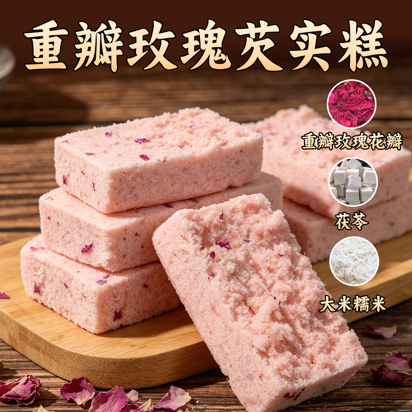 重磅玫瑰茯苓糕点小零食办公代餐脾芡实糕八珍糕早餐特色玫瑰糕点图片