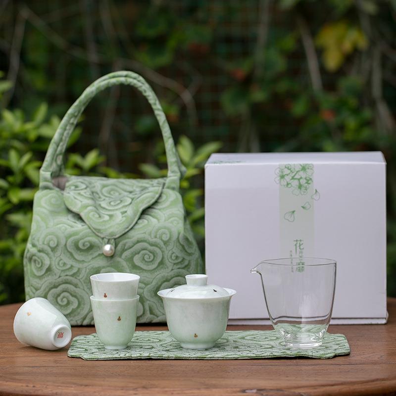 花开茶靡户外旅行茶具便携包陶瓷盖碗三杯套装渐变手工点金品茗杯