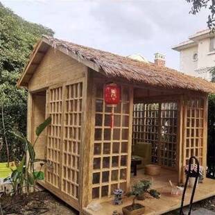 防腐木网红茅草木屋仿古小房子户外庭院日式实木茶室花园小院凉亭