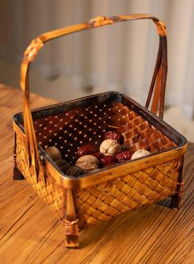 手工竹编收提提篮子做旧日式水果篮茶具收纳篮便携食盒竹制工艺品