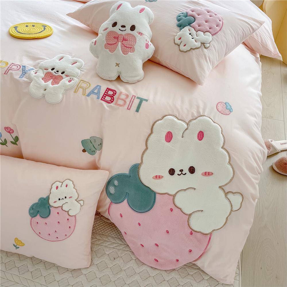 可爱草莓兔兔粉色少女心被套四件套小清新柔软透气水洗棉卡通床品