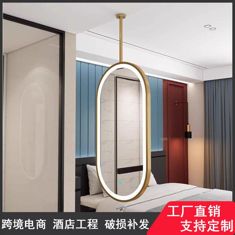铁艺吊镜悬空智能浴室镜子带灯触摸屏民宿椭圆卫生间天花板吊挂