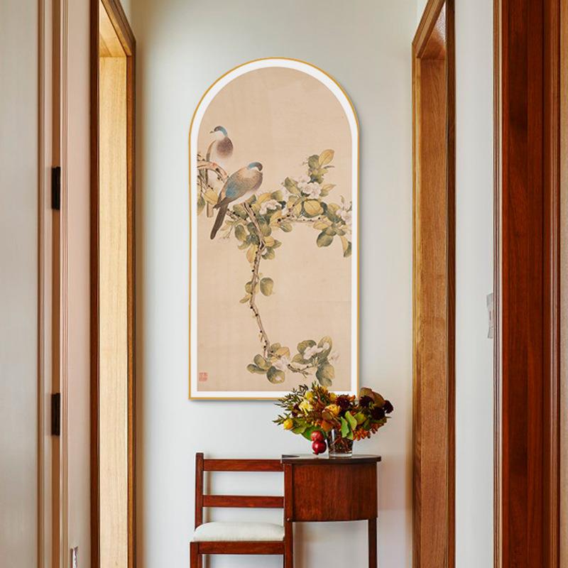 花鸟图新中式国画水墨画小众艺术装饰画拱形中古客厅书房玄关画