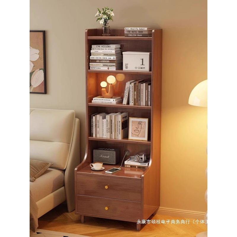 实木床头柜书架一体多层置物架卧室床边加高储物柜小型窄款收纳柜