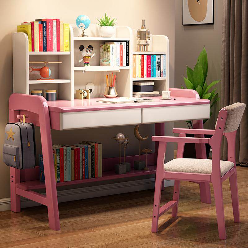 实木学习桌带书架可升降简约小学生课桌椅套装家用写字台儿童书桌