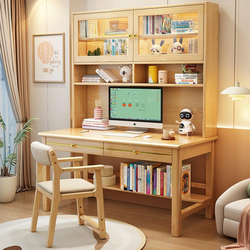 台式电脑桌简约实木书桌书架带玻璃门一体组合学习桌高中生写字桌