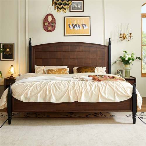 北美黑胡桃实木法式床简约樱桃木原木复古美式卧室中古风双人婚床