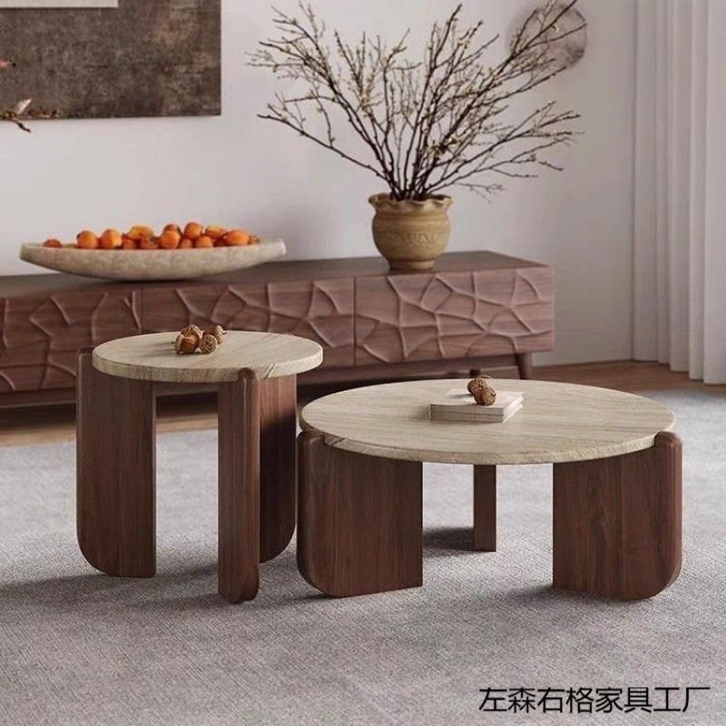 实木洞石茶几极简简小茶小户型客厅家用圆形阳台大理石咖啡矮桌