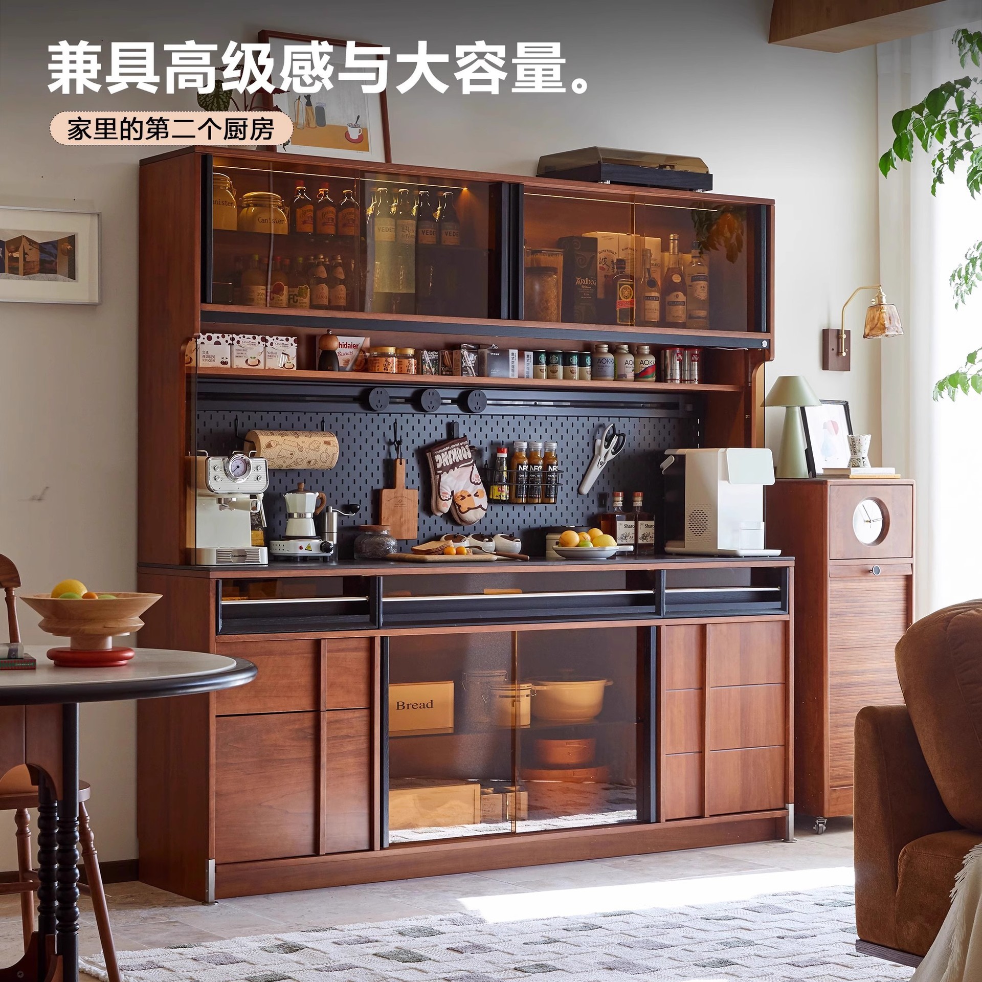 复古实木餐边柜靠墙一体储物