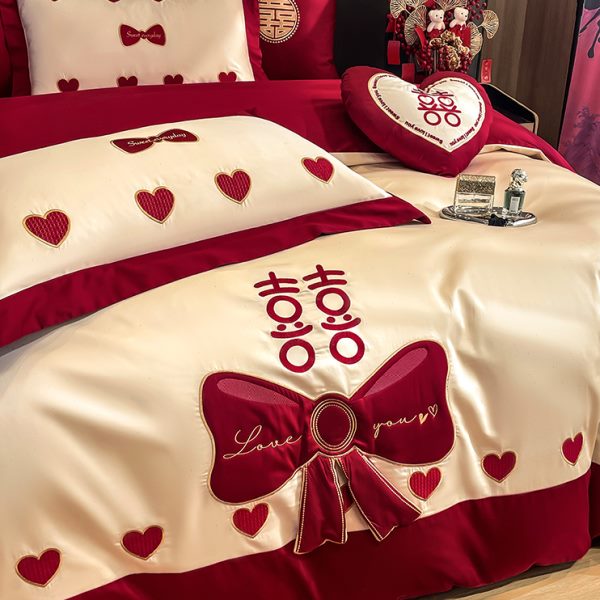 公主风结婚四件套新婚床上用品全棉红色喜庆100支长绒棉抱枕六件4