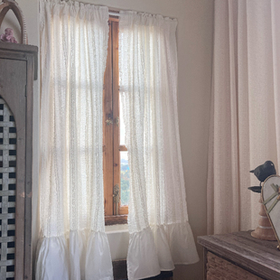 法式 甜美奶油风层次木耳褶窗帘半帘穿杆挂钩免打孔门帘粘贴魔术贴