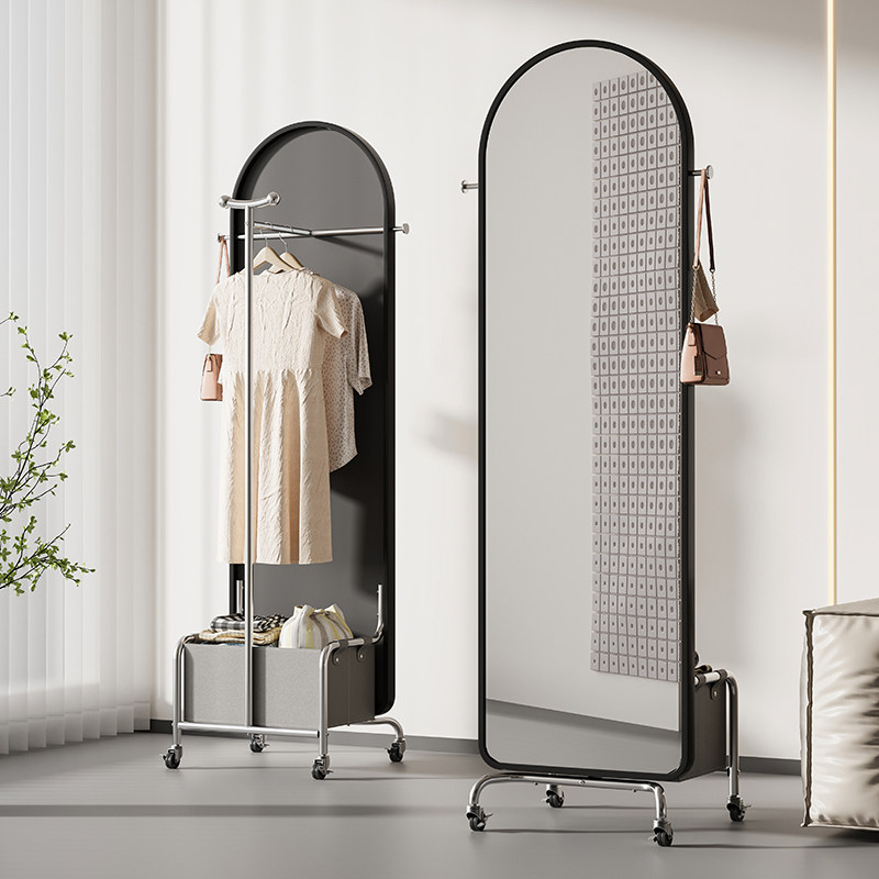 轻奢全身镜落地家用卧室可旋转全身镜挂衣架一体不锈钢带全身镜子