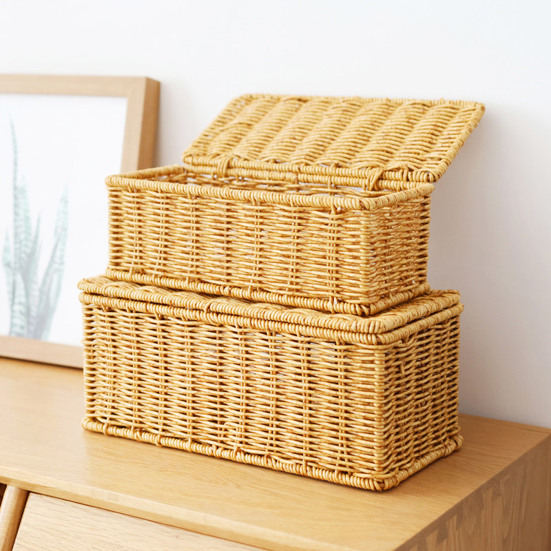 藤编长方形收纳筐有盖桌面杂物收纳盒零食盒子卫生V间收纳箱编织,收纳整理,桌面收纳盒,淘宝优惠券,粉丝福利购,淘宝优惠卷