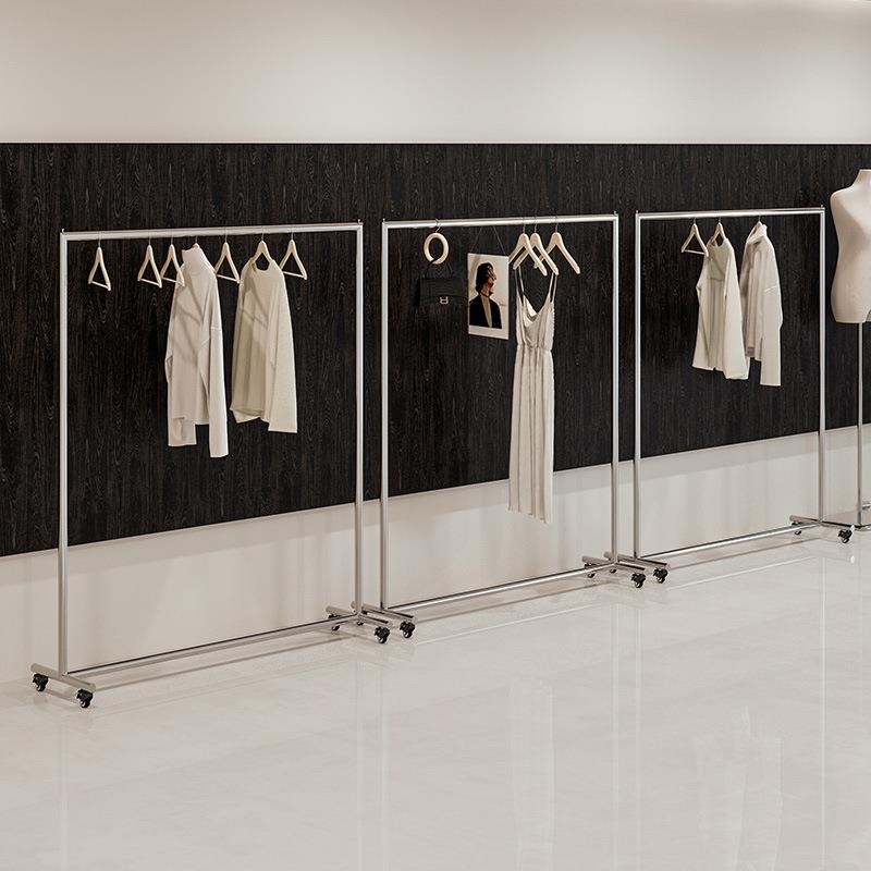 女装店货架展示架不锈钢带轮移动挂衣架服装店专用简约侧挂陈列架