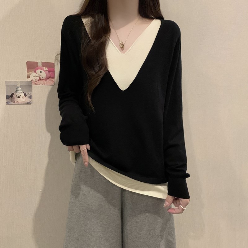 速发大码装遮肚子V领假两件针织打底衫秋冬胖妹松宽妹长袖衣毛上