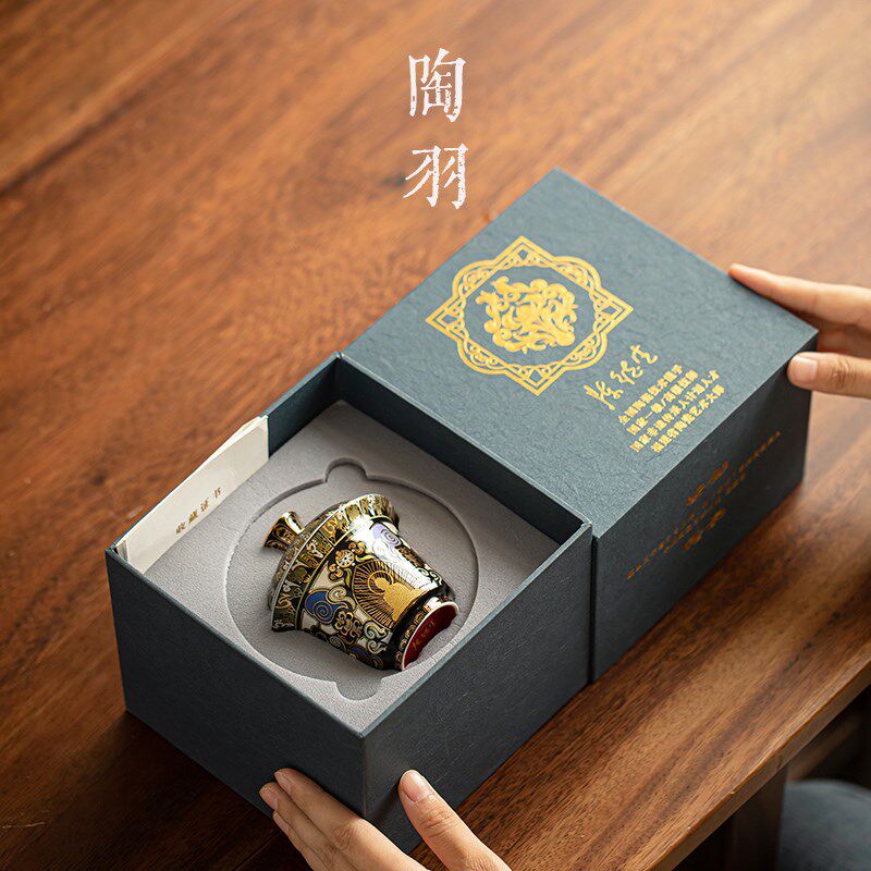 速发陈德生大师手工敦煌黑唐卡金银错三才盖碗功夫茶具个人专用送