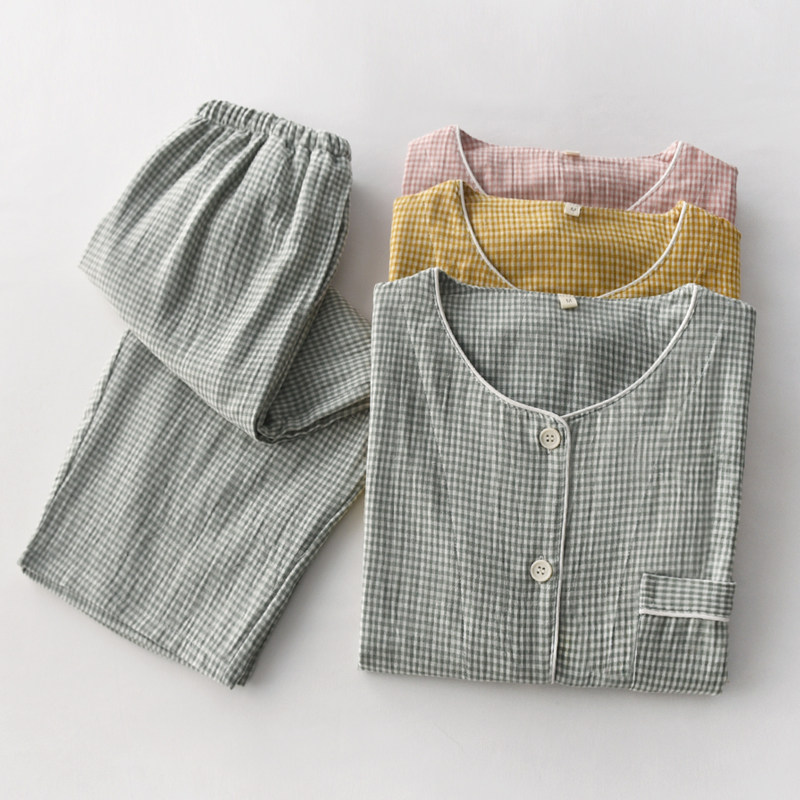 速发格子波点睡衣男夏季款棉纱情薄纯七分裤布侣家居服套装