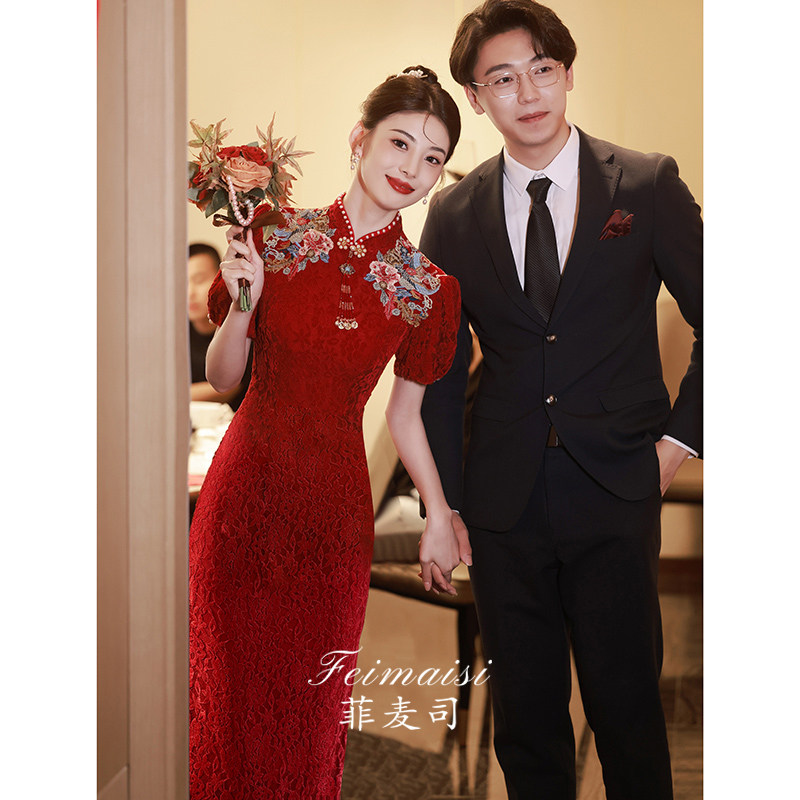 速发新中式旗袍敬酒服2酒国新款新娘0红色中2风刺绣嫁衣裙子订婚