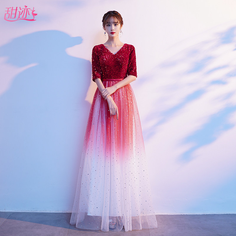 速发服唱团演出服长裙红色合唱演连服装朗诵敬酒合出衣裙主持人礼