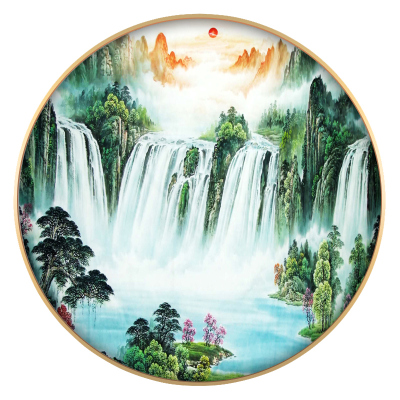 速发新中式装饰画客厅山水画流水生财靠山图办公室圆形挂画壁画背