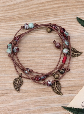 【小文精选青春派】复古波西米亚森系陶瓷手錬少女甜美铃铛叶子百