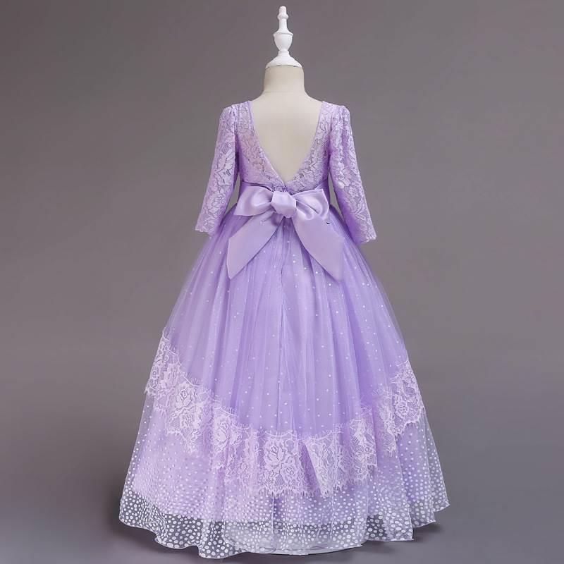 l卡莉莎款童地长裙秋冬蕾丝新长袖公主裙蝴儿蝶结主持礼服及表演