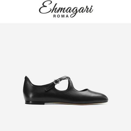 EHMAGARI Gin 意大利设计师款黑色简约小皮鞋搭扣真皮玛丽珍单鞋