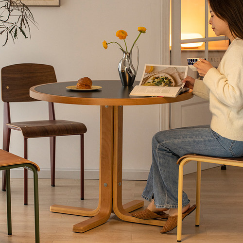 莱陌/复古实木岩板餐桌家用小户型简约圆形饭桌设计师圆桌洽谈桌