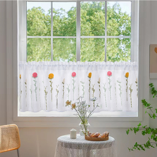 透光不透人短帘绣花麻纱半帘隔断帘门帘咖啡帘飘窗遮挡帘小窗帘