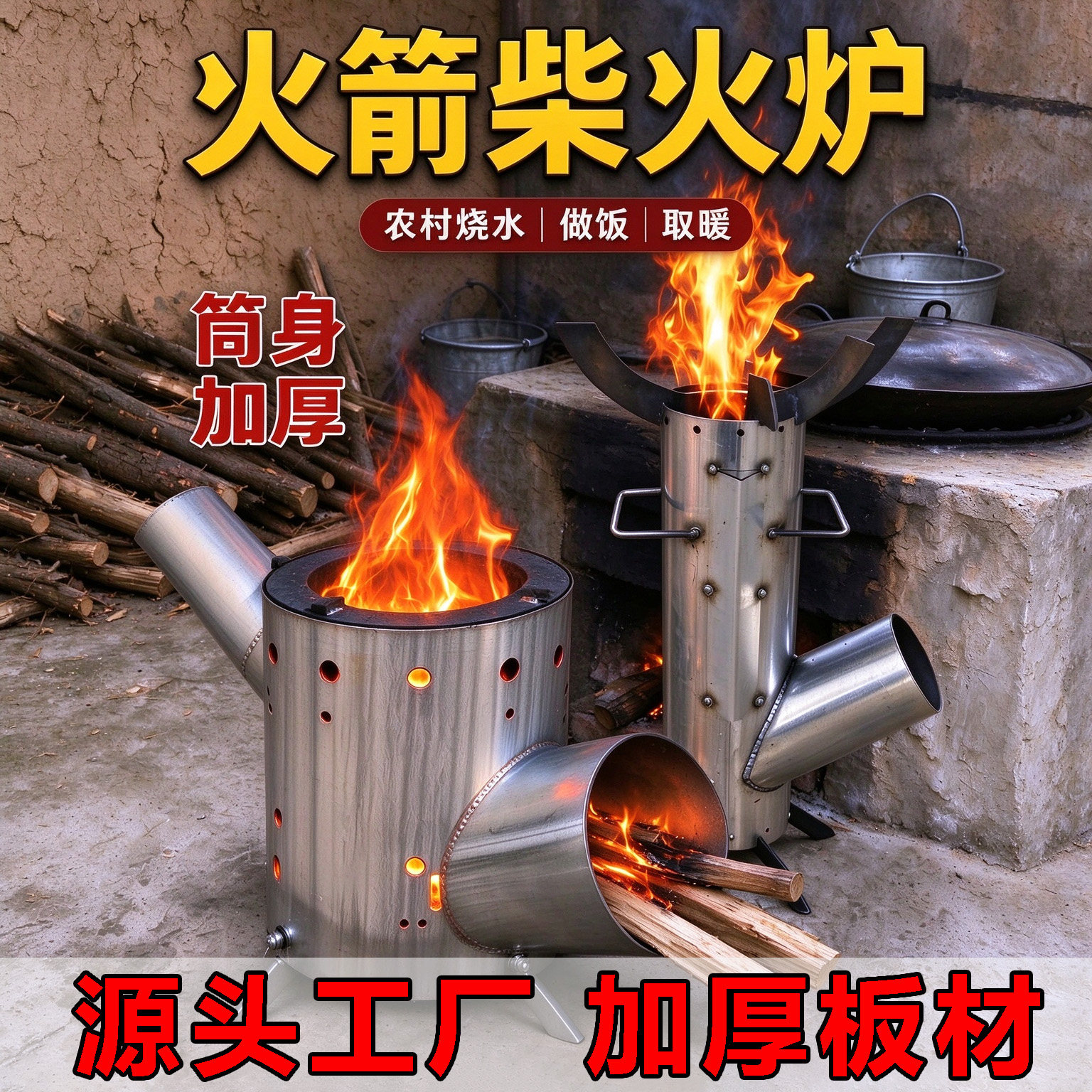 火箭柴火炉灶烧木柴农村家用小型便携式野炊露营无烟做饭加厚炉子