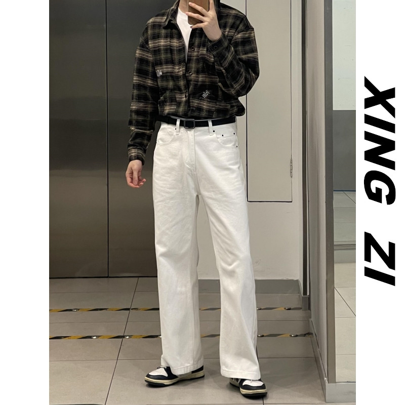 春夏季白色牛仔裤男款直筒宽松美式复古高街潮牌休闲百搭阔腿裤男