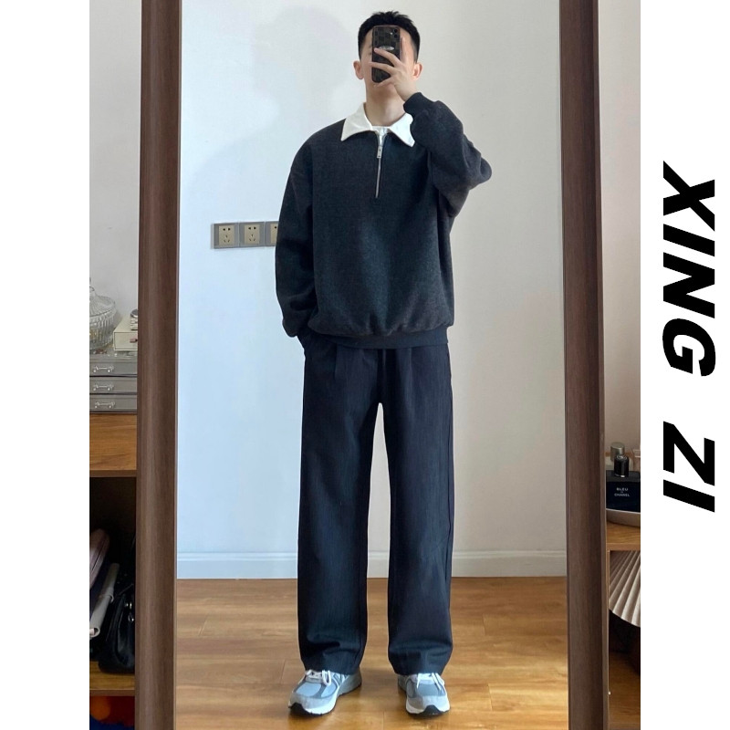 秋冬半拉链假两件重磅毛呢卫衣男