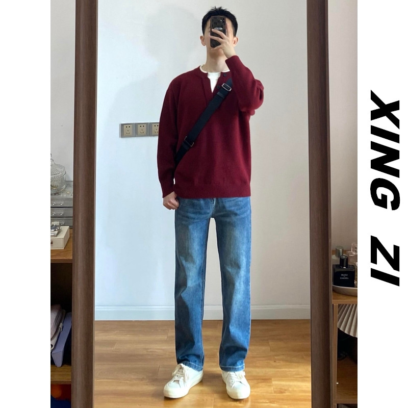 秋冬男V领假两件撞色显瘦毛衣