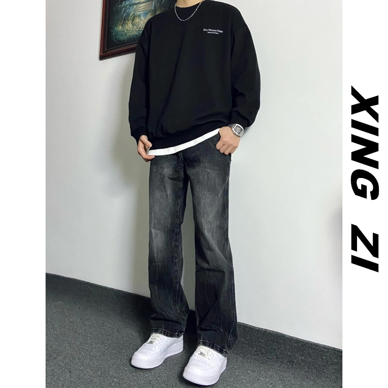 美式复古垂感牛仔裤男款直筒宽松高街潮流黑灰设计感休闲长裤子男