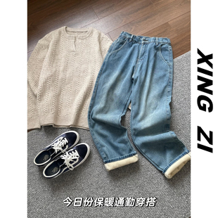 冬季加绒牛仔裤男款直筒九分裤美式休闲复古高街潮流百搭显高长裤