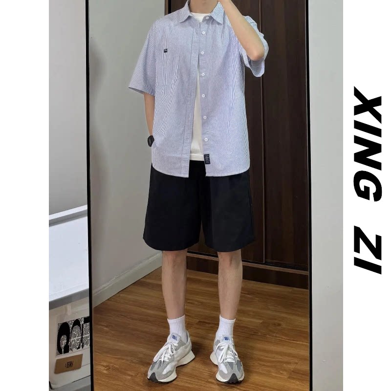 日系复古纯棉条纹短袖衬衫衬衣男