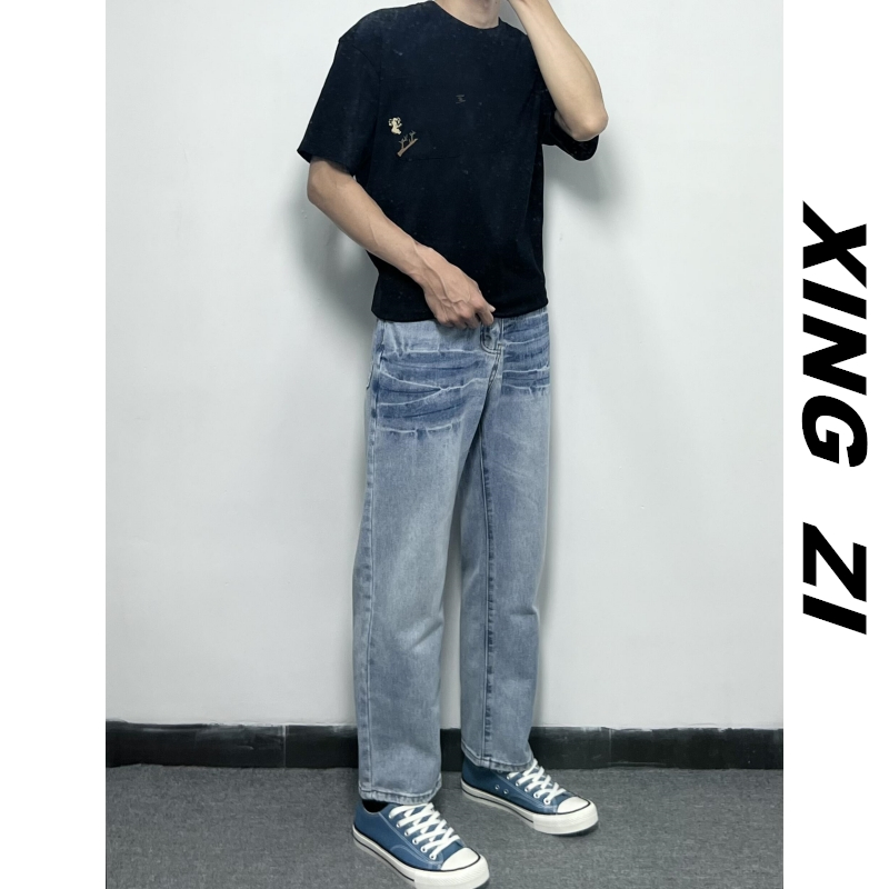 夏季美式牛仔裤男款直筒宽松薄款小个子九分裤高街潮牌复古休闲裤