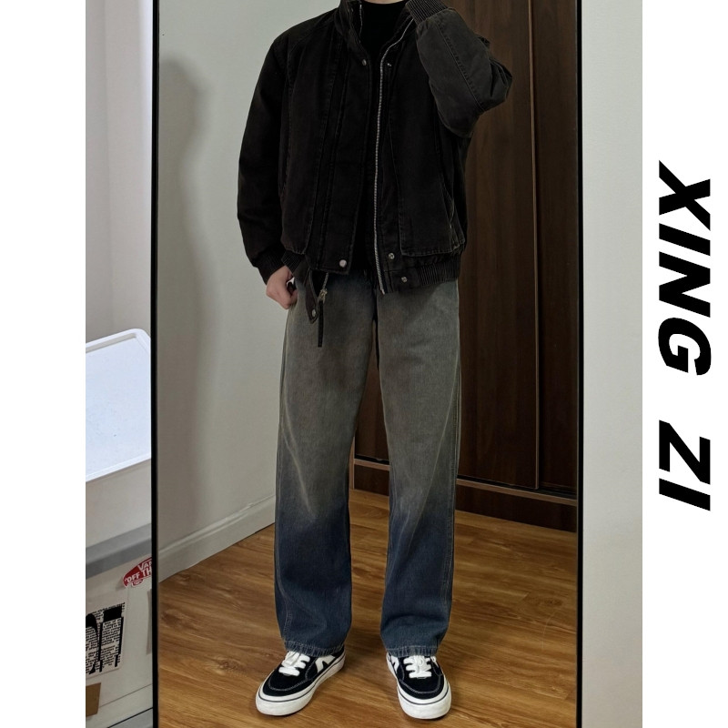 美式复古高街微弹直筒牛仔裤男